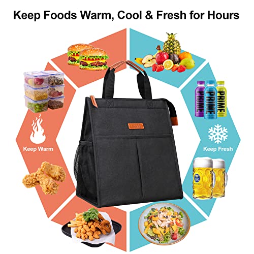 Lacdo Lunch Bag for Women Men Insulated Lunch Tote Bags Waterproof Reusable Lunch Box Soft Cooler with Pockets for Work Travel Picnic, Black - color: Black