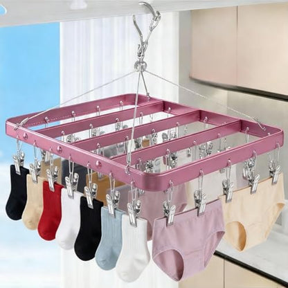 Pants Hangers Clothes Drying Racks Clip Hangers Metal with 36 Clips Windproof Underwear Hanger Foldable Laundry Clip for Jeans Yoga Leggings Trousers Socks Bras (Pink) - color: Pink