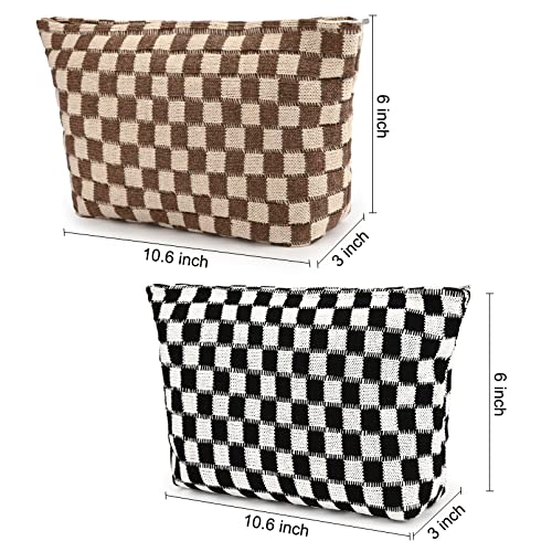 SOIDRAM 2 Pieces Makeup Bag Large Checkered Cosmetic Bag Capacity Canvas Travel Toiletry Bag Organizer Cute Makeup Brushes Aesthetic Accessories Storage Bag for Women, Checkered L Black Brown - color: Black & Brown