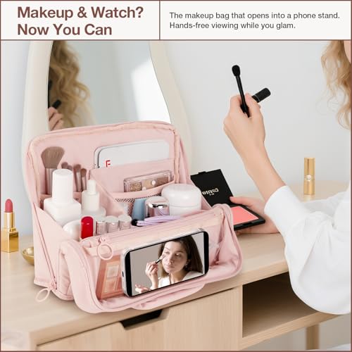 Abiudeng Standing Makeup Bag Stand up Make up Bag Travel Toiletry Bag with Multiple Compartments Large Capacity for Women Business Trips Fitness and Daily Commutes (Pink) - color: Pink