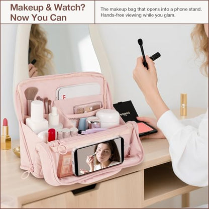 Abiudeng Standing Makeup Bag Stand up Make up Bag Travel Toiletry Bag with Multiple Compartments Large Capacity for Women Business Trips Fitness and Daily Commutes (Pink) - color: Pink