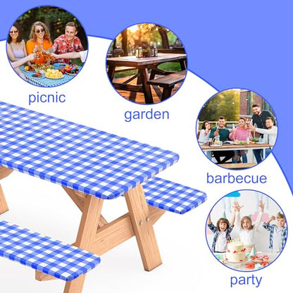 3 Pcs Set Fitted Picnic Table Cover with Bench Covers Vinyl Camping Picnic Table Cloth Flannel Backing for 6ft Tables Camping Outdoor (Blue Checked, 30 x 72 Inches) - color: Blue and White Plaid