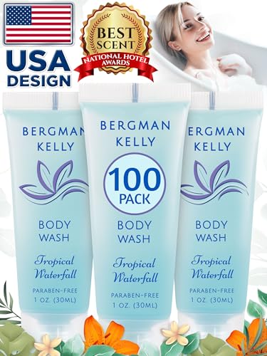 BERGMAN KELLY Travel Size Body Wash (1 fl oz, 100 PK, Tropical Waterfall), Delight Your Guests with an Invigorating and Refreshing Hotel Body Wash, Mini and Small Size Guest Hotel Toiletries in Bulk - size: 1 Fl Oz (Pack of 100)
