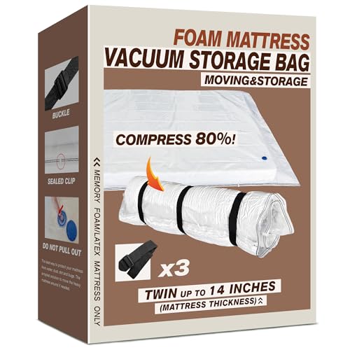 Twin Size Mattress Vacuum Bag for Memory Foam/Latex Mattress Upto 14 Inch, Moving Shipping and Storage, Waterproof and Airtight with 3 Adjustable Straps - size: TWIN XL / TWIN