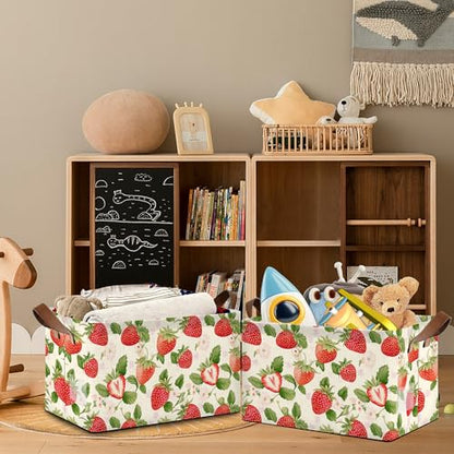 Strawberry Storage Baskets,Leaves Foldable Large Capacity Organizer Bins with Waterproof Lining and Leather Handles for Closet,Shelf,Bedroom 17x11.5x10Inch - color: Strawberry Leaves