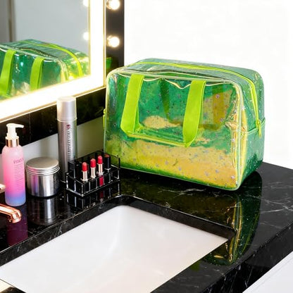 Holographic green Clear Star Large Cosmetic Bag and TPU Travel Pouch with Handle,Durable Material,Zipper Design-Ideal for Makeup,Travel Essentials (Holographic green+stars) - color: Holographic green+stars