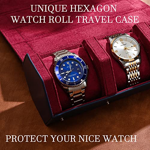 ROSELLE Luxury Leather Watch Roll Travel Case for Men and Women,Travel Watch Case Holds 3 Watches Storage & Display,Designed for steel watch bands &leather metal rubber and bracelets - color: Dark Blue/Red-3