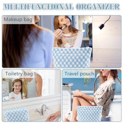 ZLFSRQ 2Pcs Checkered Makeup Bag for Women Large Small Checkered Cosmetic Bag Set Aesthetic Preppy Pencil Case Cute Pencil Pouch Blue Makeup Pouch for Purse Travel Toiletry Bags Zipper Skincare Bags - color: B-Checkered 2Pcs Mix Blue