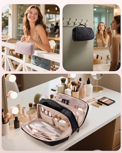 Marscamd Travel Makeup Bag for Women, Puffy Cosmetics Organizer with Waterproof Pockets, Toiletry Pouch for Makeup Brushes, Skincare & Travel Essentials, Black (Bag Only) - color: Black
