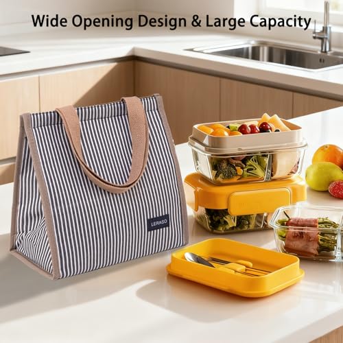 Insulated Lunch Bag for Work, 10.2"x5.9"x10.2" Oxford Waterproof Striped Canvas Tote Bag - color: Black White