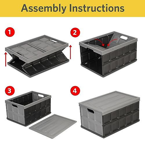Glad Collapsible Storage Bin with Lid - 48L Foldable Plastic Box for Garage, Car Trunk, and Organization - Stackable Lidded Container with Handles, Grey - color: Grey