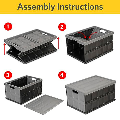 Glad Collapsible Storage Bin with Lid - 48L Foldable Plastic Box for Garage, Car Trunk, and Organization - Stackable Lidded Container with Handles, Grey - color: Grey