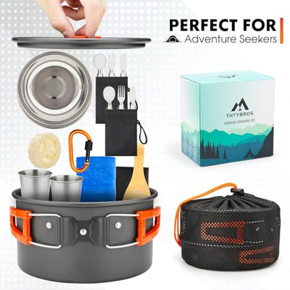 THTYBROS 17pcs Camping Cookware Kit, 0.45Gal Pot, 7inches Pan,0.30Gal Kettle Set with 2 Set Stainless Steel Cups Plates Forks Knives Spoons for Hiking - size: 17 PCS without Stove