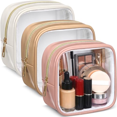 Abbylike 3 Pcs Mini Clear Makeup Bag Cosmetic Bags Set Waterproof Transparent Toiletry Bag with Zipper for Women Girls, Gifts for Bridesmaid(Fragrant Powder,Oak Brown,Milky White) - color: Fragrant Powder,Oak Brown,Milky White