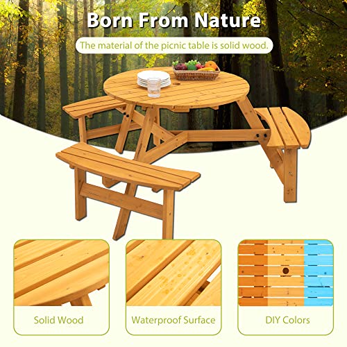6 Person Circular Outdoor Wooden Picnic Table Sets for Patio Backyard Garden DIY w/3 Built-in Benches 1720lb Capacity, Natural - color: Natural-6-round