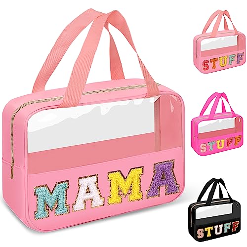 Chenille Letter Clear Makeup Bags Mama Tote, Preppy Patch Makeup Bag Zipper with Handle, Waterproof PVC & Nylon Portable Glitter Large Cosmetic Travel Toiletry Storage Bag for Women Girls(MAMA-Pink) - color: MAMA-Pink
