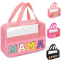 Chenille Letter Clear Makeup Bags Mama Tote, Preppy Patch Makeup Bag Zipper with Handle, Waterproof PVC & Nylon Portable Glitter Large Cosmetic Travel Toiletry Storage Bag for Women Girls(MAMA-Pink) - color: MAMA-Pink