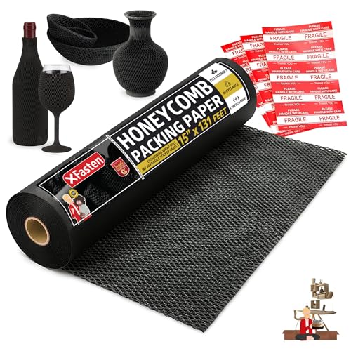 Black Honeycomb Packing Paper for Moving 15-Inch x 131-Feet Bubble Honeycomb Wrap, Honeycomb Wrapping Paper for Packing Cushion with 30 Fragile Stickers Packing Supplies by Xfasten - color: Black, size: 15-Inch x 131-Feet