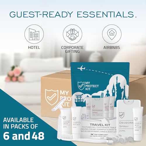 MY PROTECT KIT Travel Kit - 20 Pieces Travel Size Toiletries Set, Toothbrush, Shaver, Toothpaste Tablet, Shampoo & Body Wash, Shaving Cream, Lotion, Deodorant Spray, Pack of 6 - size: Travel Kit (Pack of 6)