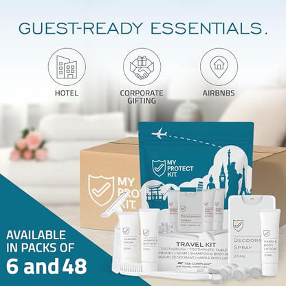 MY PROTECT KIT Travel Kit - 20 Pieces Travel Size Toiletries Set, Toothbrush, Shaver, Toothpaste Tablet, Shampoo & Body Wash, Shaving Cream, Lotion, Deodorant Spray, Pack of 6 - size: Travel Kit (Pack of 6)