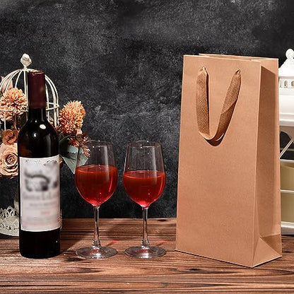 Yeaqee 50 Pack Wine Bags for Wine Double Bottles Gifts Carriers 6.6x3.6x13.8 Craft Bottle Bags Bulk with Handles Paper Tumbler Carriers, Party Gift Pocket with Handle(Brown) - color: Brown