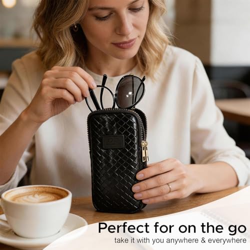 KINIVA Double Eyeglass Case for Men Women, 2-in-1 PU Dual Sunglasses Case, Scratch-Proof Travel Eyeglass Holder for Purse Car - style: Black Woven