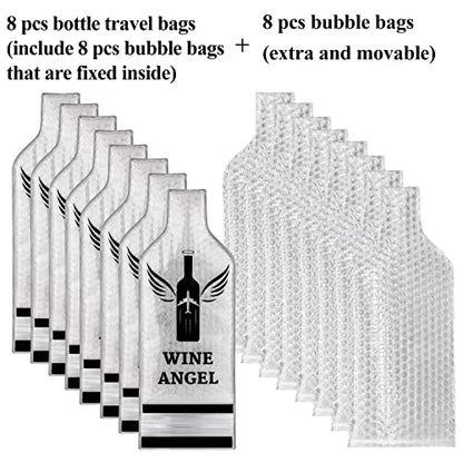 [UPGRADED PROTECTION] 8 Set (16 pcs) Reusable Wine Bags for Travel, Wine Travel Protector, Bottle Travel Sleeve Case For Airplane, Car, Cruise, TRIPLE Protection Luggage Leakproof Safety Impact Resist - size: 8 Set