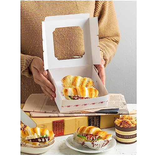 20 Pack Bakery Boxes with Window Small 6x6x2 inch for Cookie, Candy, Pastry, Brownie, Chiffon Cake, Tart, Pie, Waffle (White-Flora) - color: White-Flora