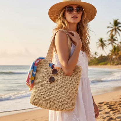 Straw Beach Tote Bag: Large Summer Boho Woven Bags - Rattan Handmade Shoulder Handbags for Women - color: Beige