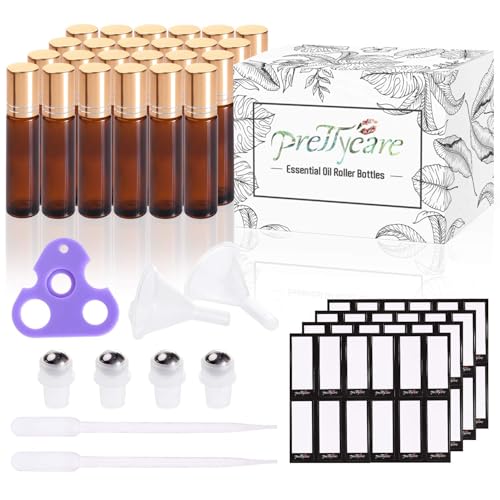 PrettyCare 24 Pack, 10 ml Essential Oil Roller Bottles with Stainless Steel Roller Ball - Refillable Leak-proof Empty Thick Amber Glass Roll on Bottles with Metal Caps for Travel, Perfume - color: Amber with Golden Cap, size: 24 Pack