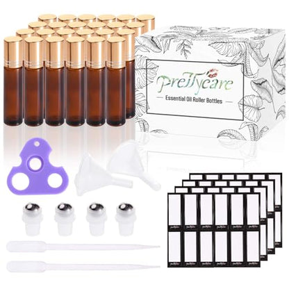 PrettyCare 24 Pack, 10 ml Essential Oil Roller Bottles with Stainless Steel Roller Ball - Refillable Leak-proof Empty Thick Amber Glass Roll on Bottles with Metal Caps for Travel, Perfume - color: Amber with Golden Cap, size: 24 Pack