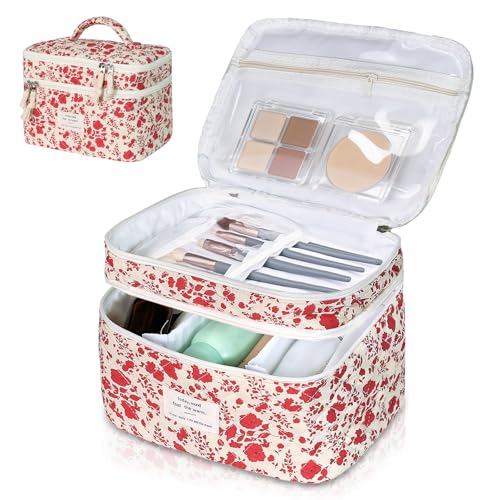 Gosect Makeup Bag, Portable Travel Make up Bag, Large Capacity Quilted Cosmetic Organizer Bag, Cute Floral Toiletry Bag for Women Girls (Bright Pink Rose) - color: Bright Pink Rose
