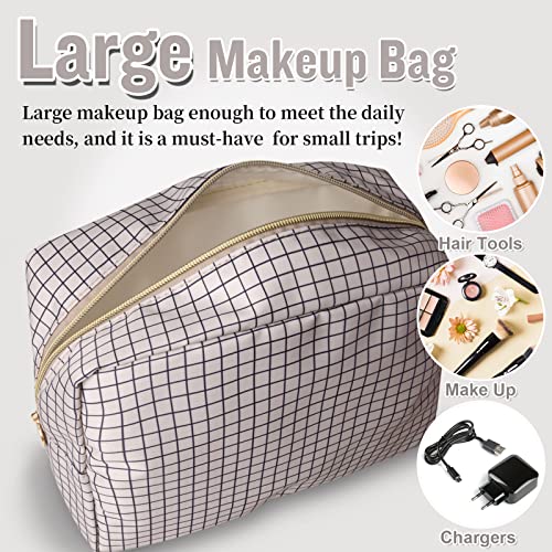 Nylon Large Checkered Makeup Bag Travel Pouch for Women, Big Preppy Makeup Bag Cute Cosmetic Zipper Pouch Purse,Waterproof Toiletry Bag Clutch Makeup Brush Organizer Pouch for Ladies Girls(Checkered) - color: Checkered, size: Large