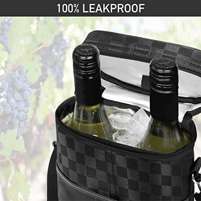 opux 2 Bottle Wine Carrier Tote, Insulated Leakproof Wine Cooler Bag, Wine Travel Bag Tote for Picnic BYOB Beach, Portable Wine Bottle Carrying Case, Gift for Wine Lover Women Men Christmas - color: Checkered Black