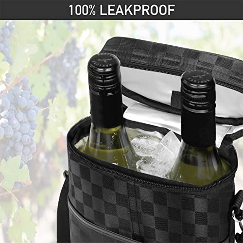 opux 2 Bottle Wine Carrier Tote, Insulated Leakproof Wine Cooler Bag, Wine Travel Bag Tote for Picnic BYOB Beach, Portable Wine Bottle Carrying Case, Gift for Wine Lover Women Men Christmas - color: Checkered Black