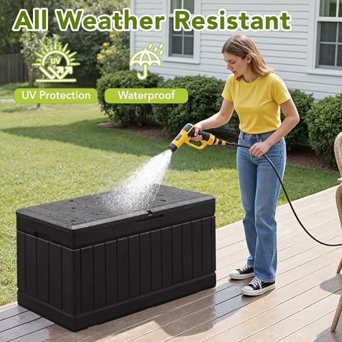 Devoko 78 Gallon Deck Box, Waterproof Resin Outdoor Storage Box for Outside and Patio, Outdoor Storage Bench Lockable for Patio Furniture, Garden Tools and Pool Supplies (Black, 78 Gallon) - color: Black, size: 78 Gallon 1 Pack