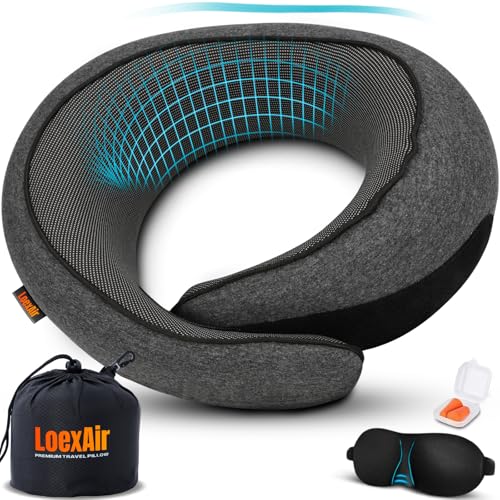 LOEXAIR™ Travel Pillow, Neck Pillow Travel for Airplane, Car - 100% Cotton Fabric & Memory Foam Plane Pillow, Lightweight & Easy-to-Carry on Flight, Full Travel Set (Eye Mask, Earplugs) - Dark Grey - color: Dark Grey, size: Classic