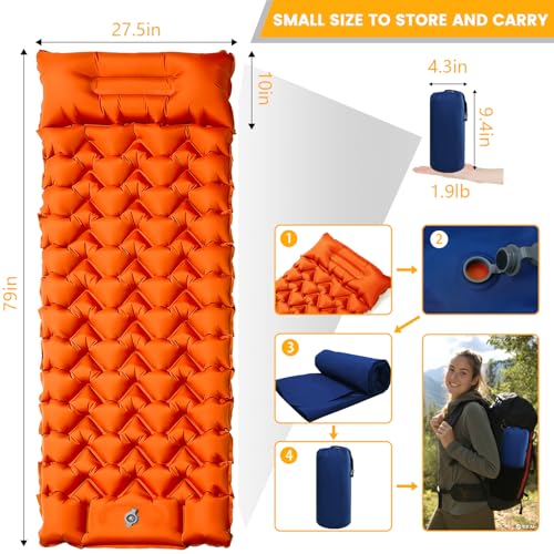 Ultralight 4-Inch Camping Sleeping Pad with Built-in Foot Pump, Inflatable Mat for Side Sleepers, Stays Inflated Overnight, Compact for Festivals, Backpacking & Car Camping - color: Orange+blue