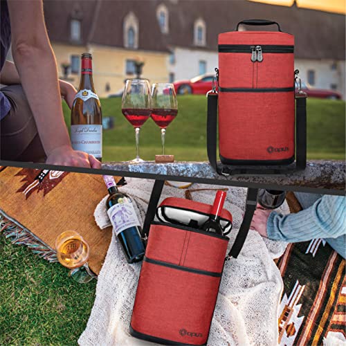opux 2 Bottle Wine Carrier Tote, Insulated Leakproof Wine Cooler Bag, Wine Travel Bag for Picnic BYOB Beach, Portable Wine Bottle Carrying Case, Gift for Wine Lover Women Men Christmas, Red - color: Heather Red