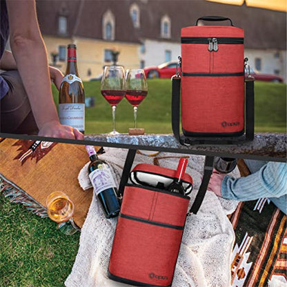 opux 2 Bottle Wine Carrier Tote, Insulated Leakproof Wine Cooler Bag, Wine Travel Bag for Picnic BYOB Beach, Portable Wine Bottle Carrying Case, Gift for Wine Lover Women Men Christmas, Red - color: Heather Red