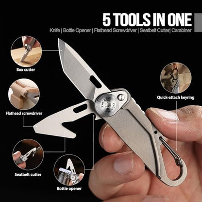 TACRAY Vinto 5-in-1 Titanium Small Pocket Knife – Ultra-Light Mini EDC Multitool Utility Knife with Folding Blade, Seatbelt Cutter, Bottle Opener & Screwdriver, Compact Everyday Carry - color: Grey-Ti