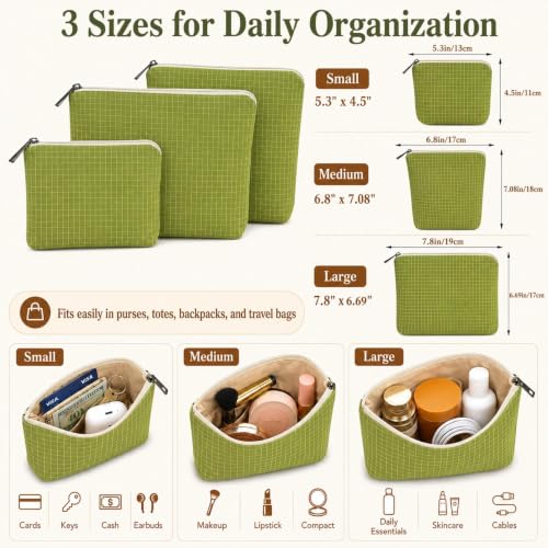 Small Zipper Pouches for Purse, 3 Pack Green Checkered Nylon Pouch Set, Purse Organizer Pouches for Makeup, Cards, Keys, Cables & Travel Essentials - color: GreenPlaid/Nylon