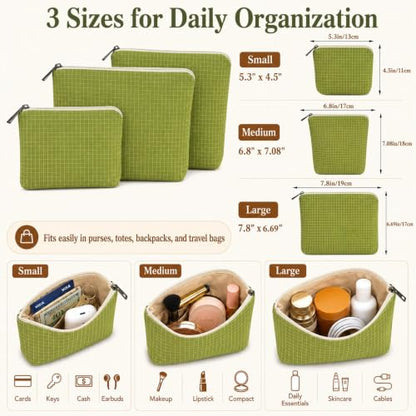 Small Zipper Pouches for Purse, 3 Pack Green Checkered Nylon Pouch Set, Purse Organizer Pouches for Makeup, Cards, Keys, Cables & Travel Essentials - color: GreenPlaid/Nylon