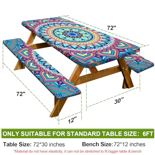 Picnic Table Cover with Bench Covers 6FT 3 Pcs Waterproof Windproof Aesthetic Camping Tablecloth with Drawstring Bag, Fitted for 6 Foot Rectangle Tables and Seats, 72 inch, Yellow Blue Orange - color: Yellow Blue Orange