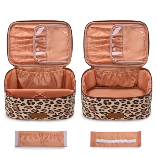 Montana West X Wrangler Travel Makeup Bag 2pcs Set Large Cosmetic Bag with Makeup Brush Holder Portable Make Up Organizer Cute Toiletry Bag with Divider and Handle for Women Leopard - color: Leopard