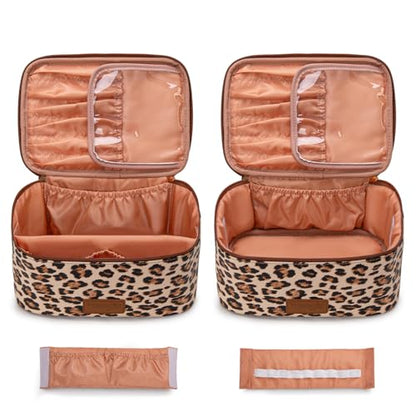 Montana West X Wrangler Travel Makeup Bag 2pcs Set Large Cosmetic Bag with Makeup Brush Holder Portable Make Up Organizer Cute Toiletry Bag with Divider and Handle for Women Leopard - color: Leopard
