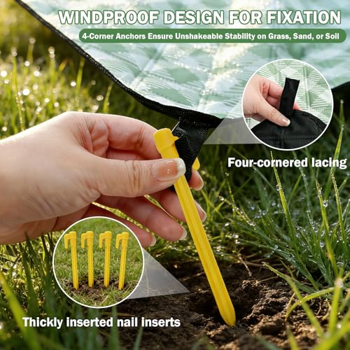 Extral Large Outdoor Waterproof Picnic Blanket With Shoulder Strap, 80"X80" 3-Layer Windproof Foldable Picnic Mat with Corner Nails, Machine Washable, Camping, Lawn Park Grass, Travel, Beach, Green