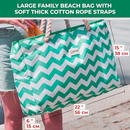 Beach Bag and Pool Bag Has Cooler Pocket, 7 Pockets Total, Zip Top. Family Size Waterproof Beach Tote - color: Turquoise Green Turtle