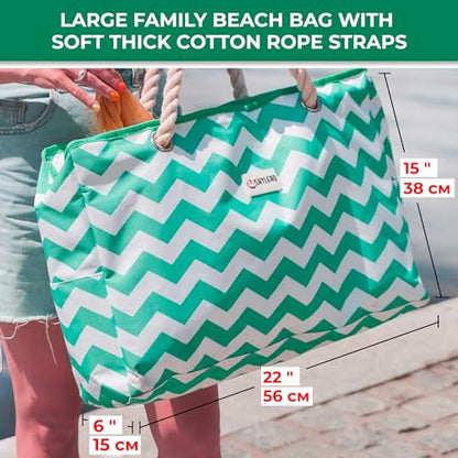Beach Bag and Pool Bag Has Cooler Pocket, 7 Pockets Total, Zip Top. Family Size Waterproof Beach Tote - color: Turquoise Green Turtle