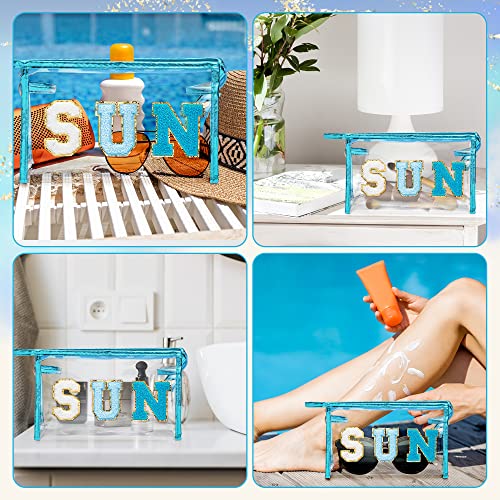 Y1tvei Preppy Patch SUN Varsity Letter Cosmetic Toiletry Bag Transparent PVC Zipper Makeup Bag Clutch Purse Portable Waterproof Travel Organizer Compliant Bag for Women Girls Teens (Blue) - color: Blue SUN Blue